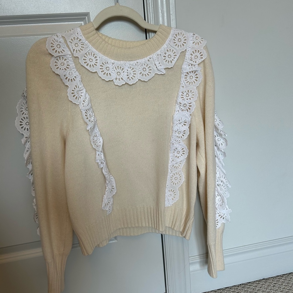 Cream Sweater with White Lace Accents, Sea New York, size small, lightly worn